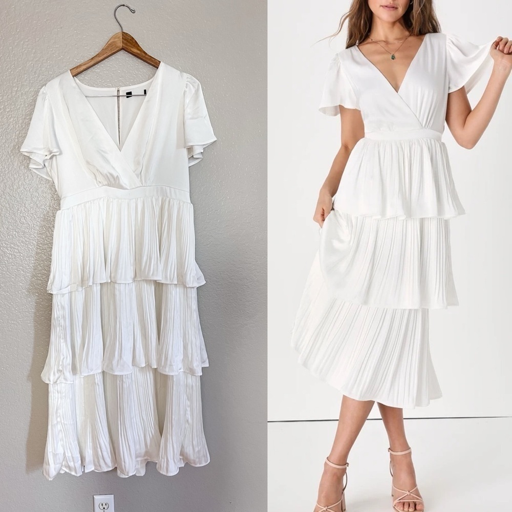 NWOT Twirl-wind Romance White Satin Tiered Midi Dress